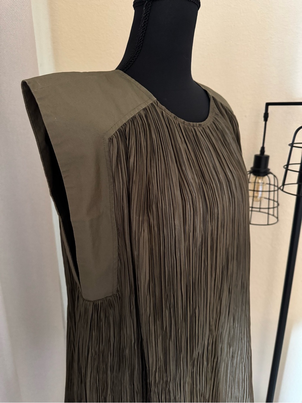 Anthropologie Plissé Mini Dress Olive Brown Pleated Shift Dress Size Small - Picture 4 of 10